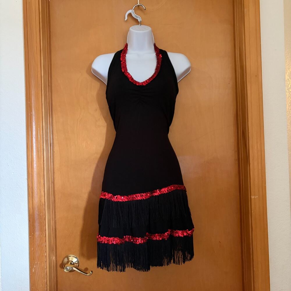 TNT Girls Black & Red Sequin Fringe Halter Dress - Girls Size L